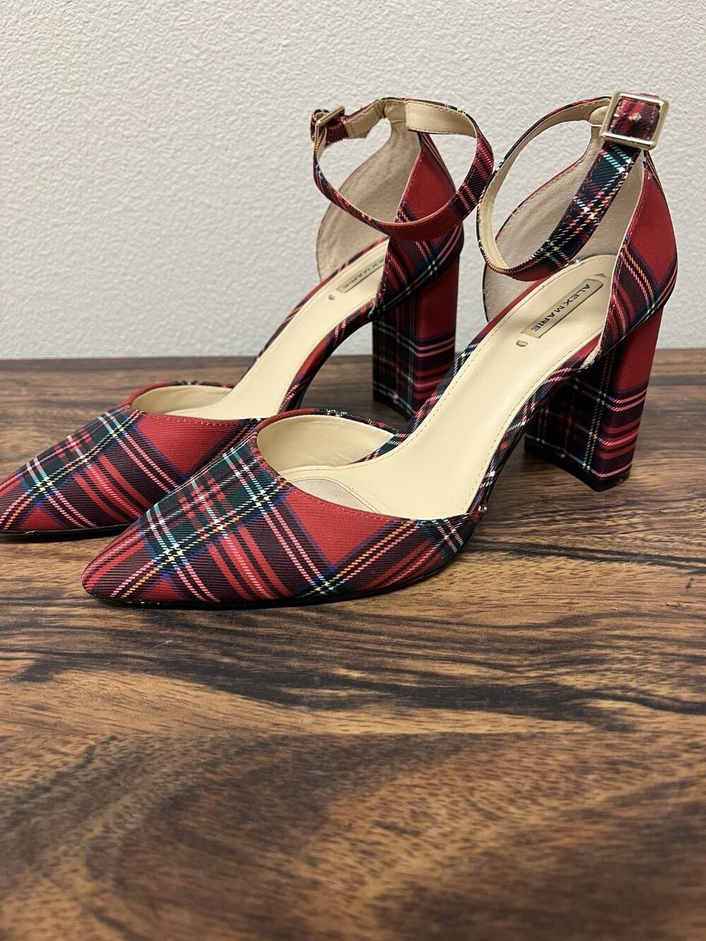 Alex Marie Red Plaid Pointed Toe Block Heel Ankle Strap Pumps Size 9.5 Preppy